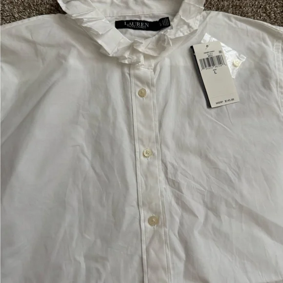 NWT Lauren Ralph Lauren Women’s White Button Down Shirt Ruffled Collar & Sleeves - Picture 8 of 10